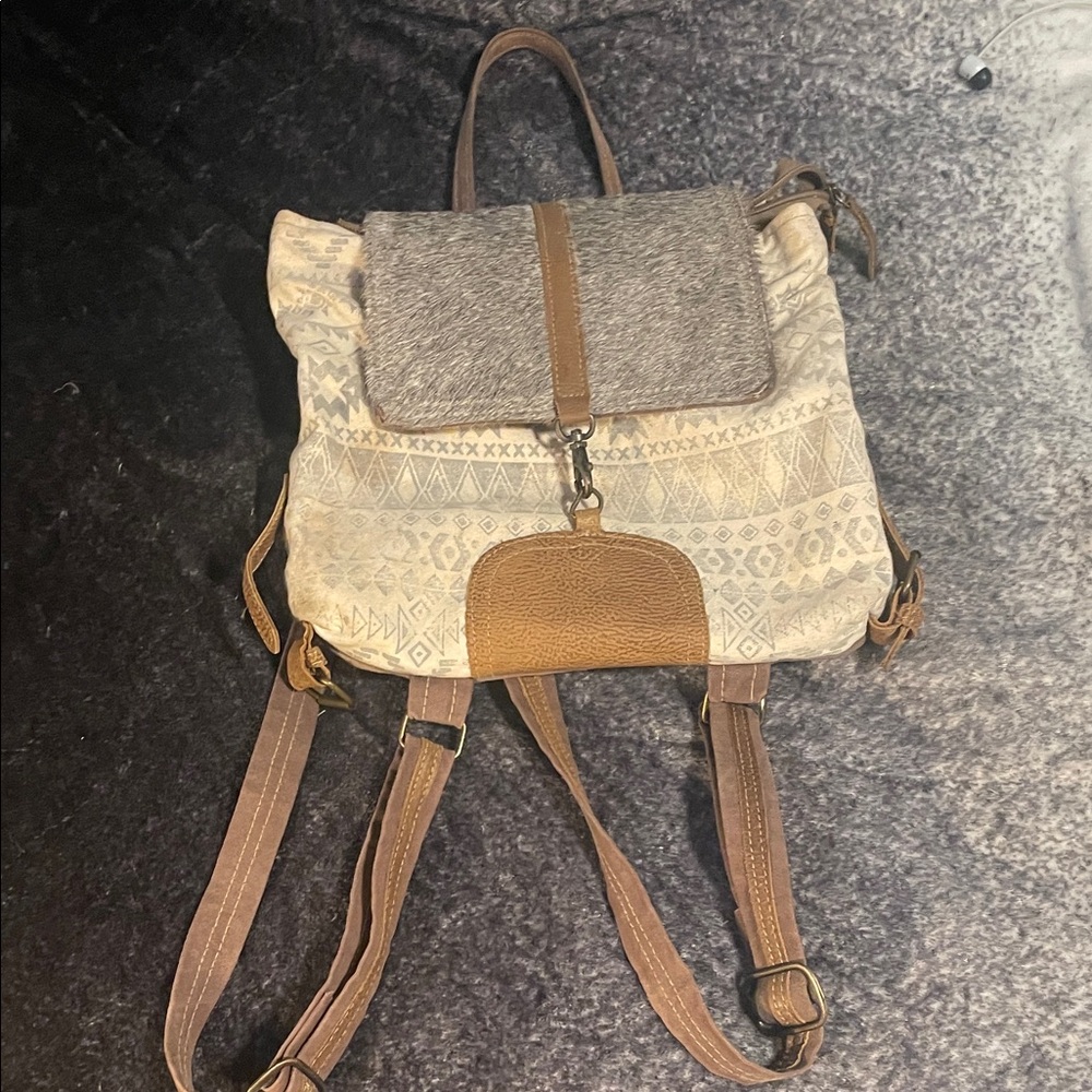 Myra Bag Cream & Brown Patterned Canvas Backpack